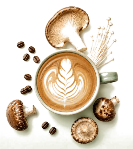 Latte art surrounded by mushrooms and coffee beans